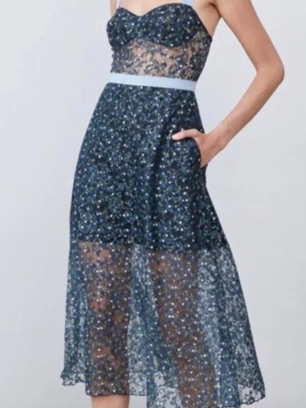 ABS Allen Schwartz Navy Blue Star-Embroidered Strapless Maxi Dress